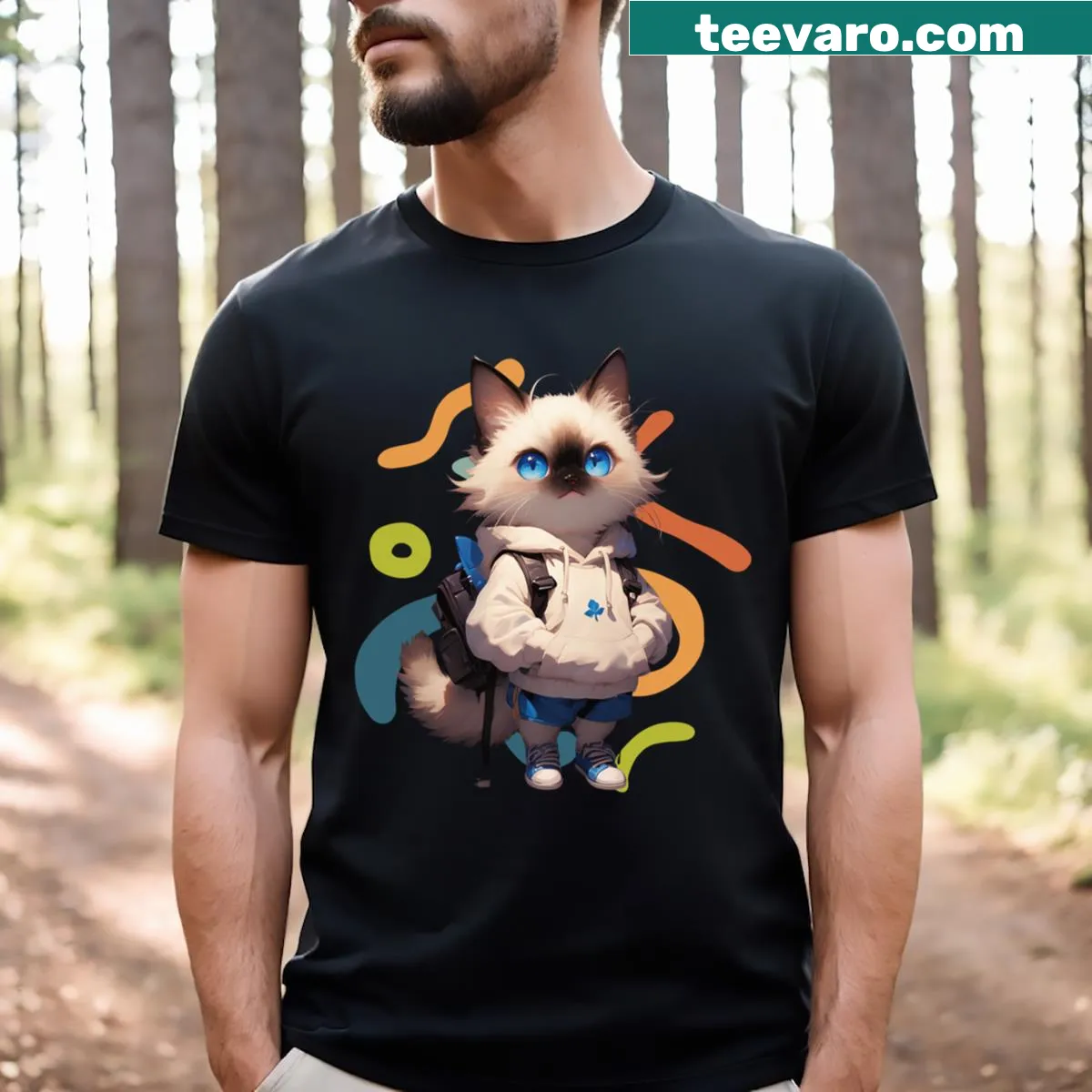 Kawaii cat T-shirt featuring a cartoon kitten and 'Hello Kindergarten' text — on a men's t-shirt