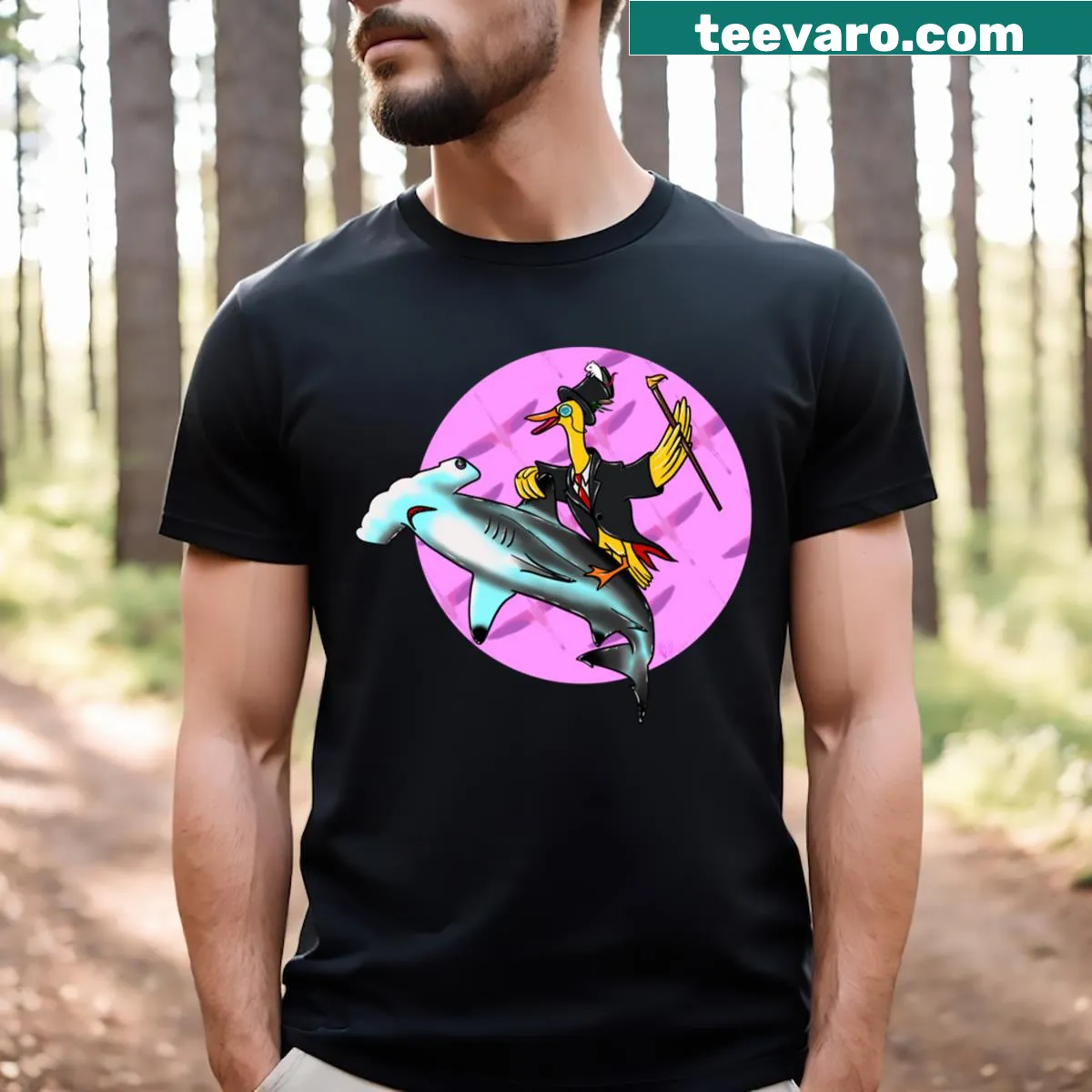 Cartoon duck and shark graphic on a playful t-shirt — on a men's t-shirt