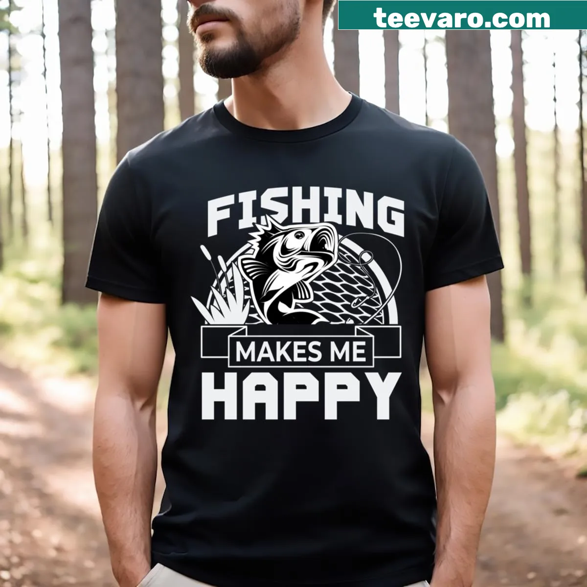 T-shirt celebrating the happiness of fishing with a playful design — on a men's t-shirt