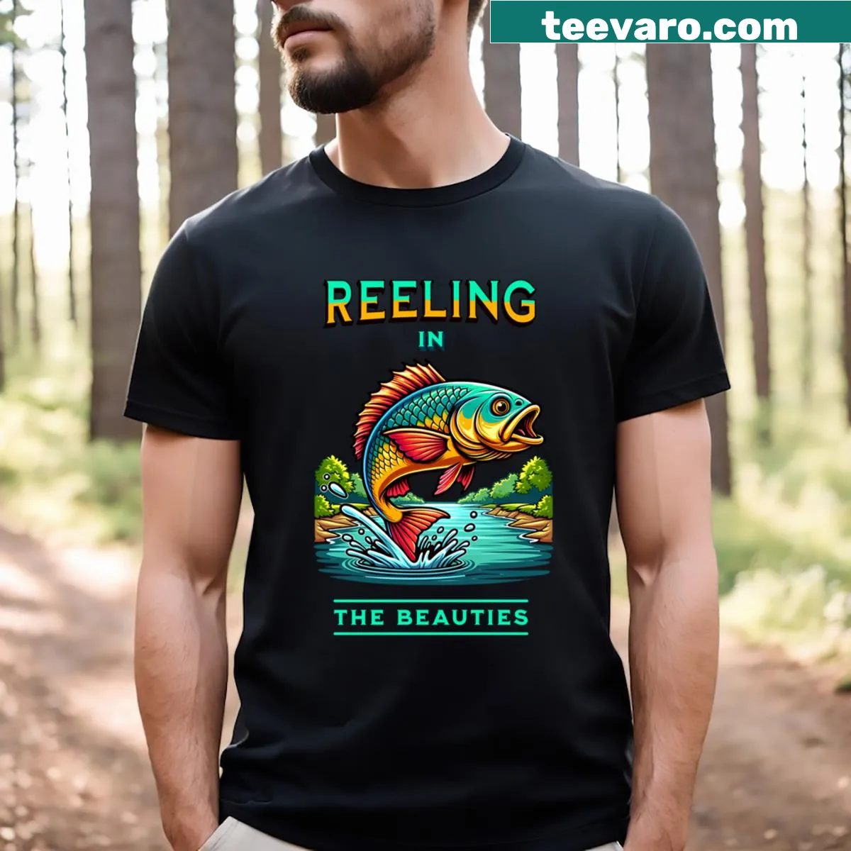 T-shirt with playful fishing-themed text 'Reeling In Bass' — on a men's t-shirt