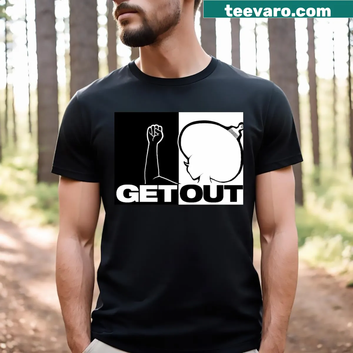 Playful T-shirt featuring the humorous phrase 'Get Out234' in a fun design — on a men's t-shirt