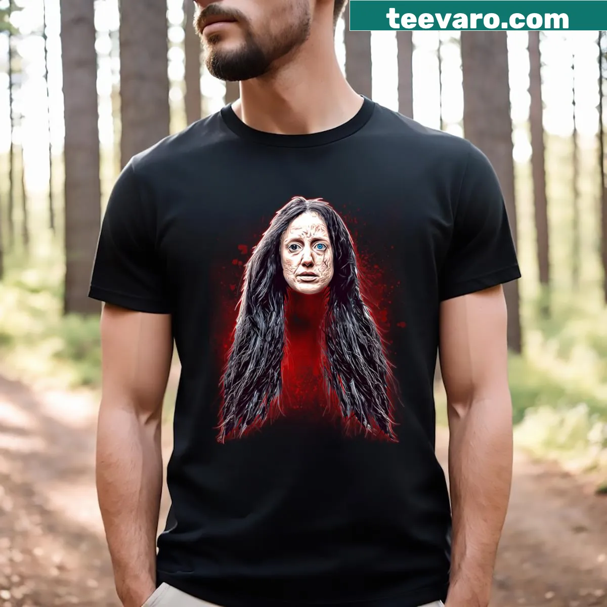 Feminine horror-themed graphic T-shirt design — on a men's t-shirt