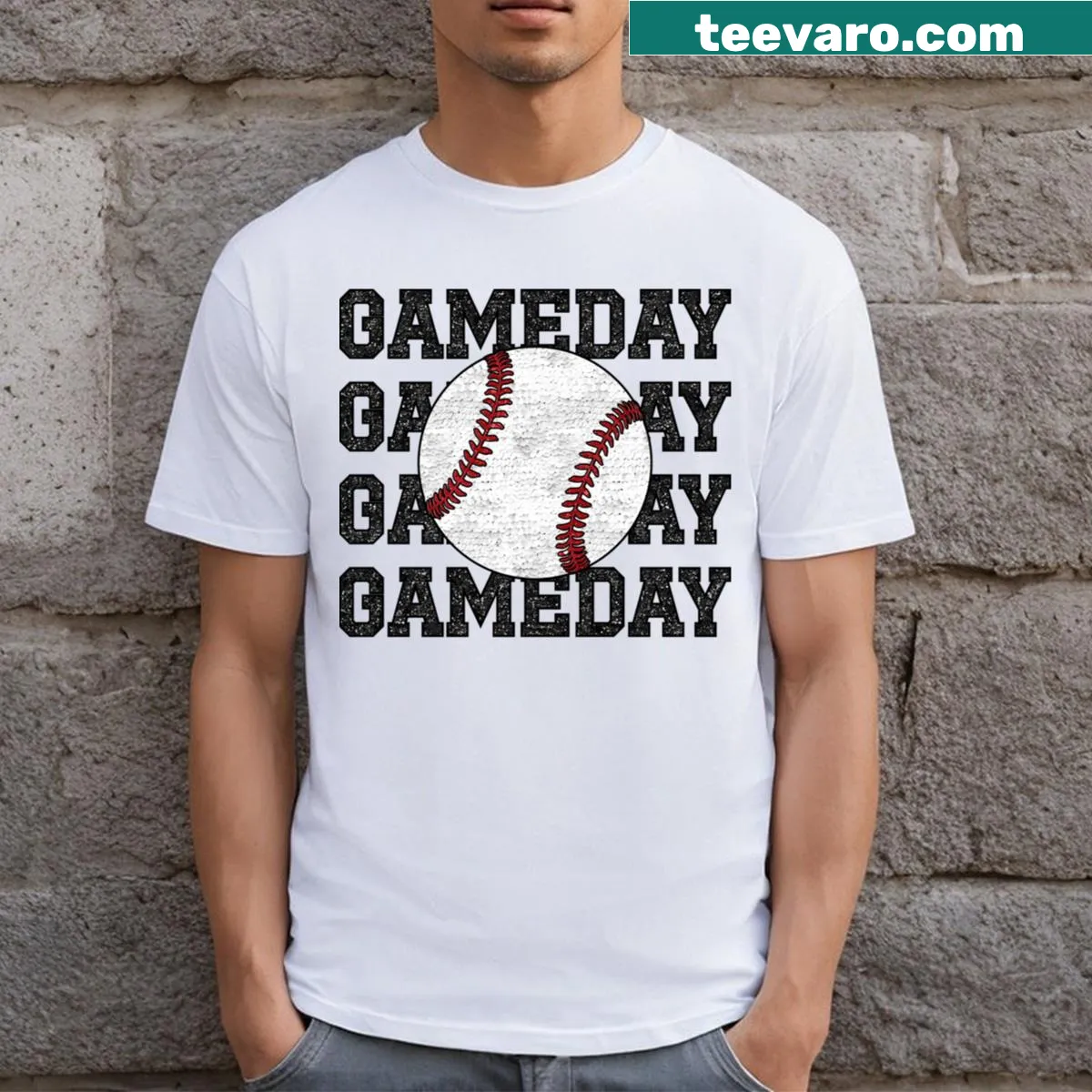T-shirt with glittery baseball gameday graphic — on a men's t-shirt