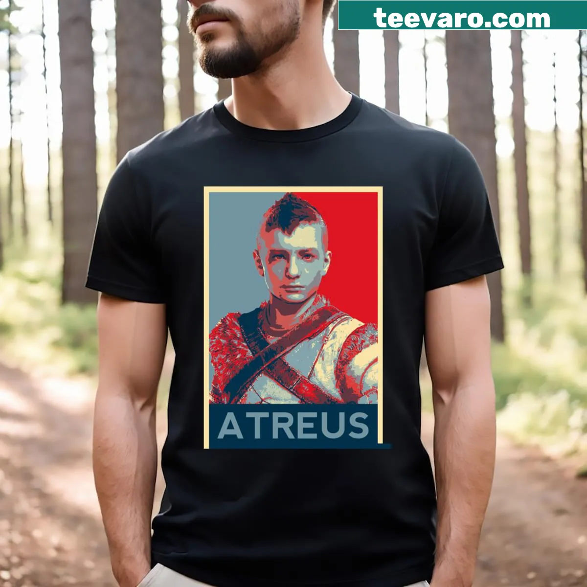 Atreus graphic T-shirt inspired by God Of War poster art — on a men's t-shirt