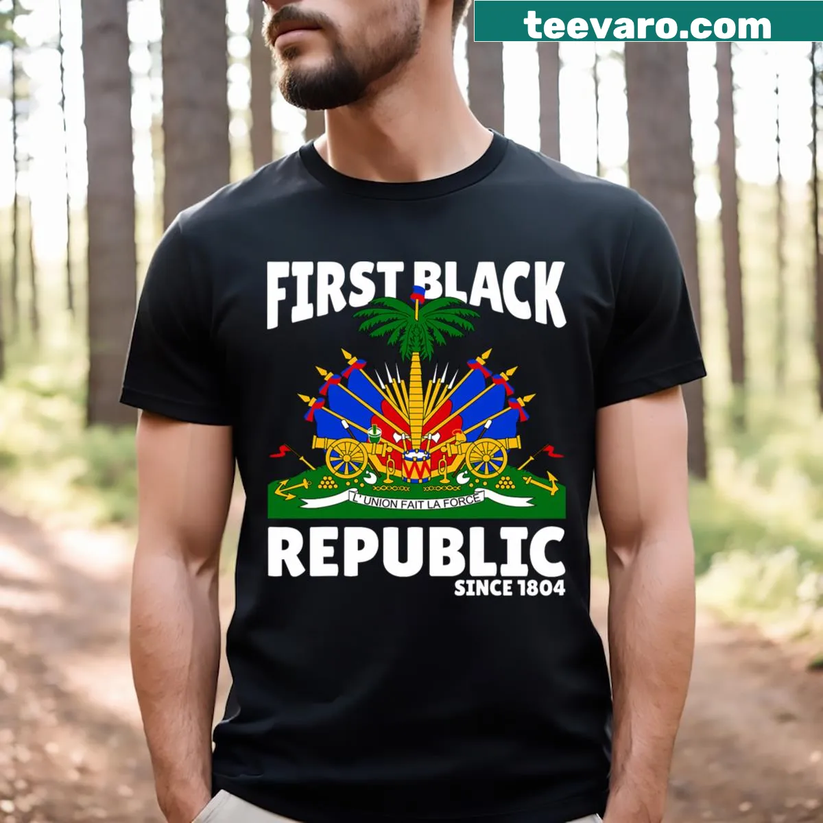 Haiti Heritage Since 1804 T-shirt with Haitian flag design — on a men's t-shirt