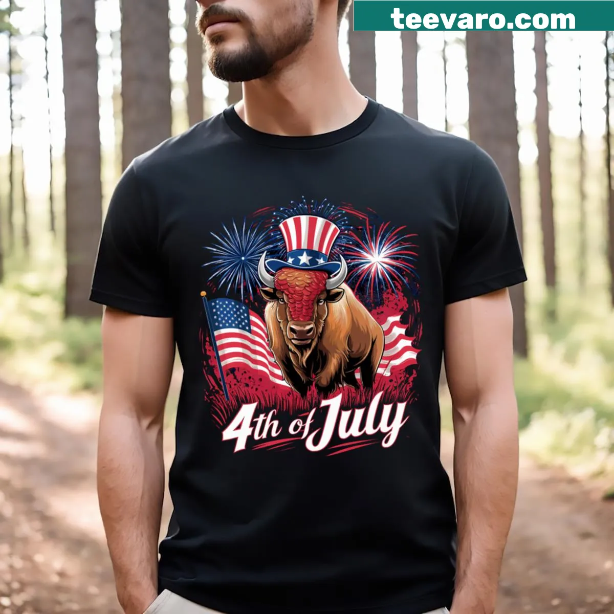 Funny bull t-shirt with American flag design for 4th of July — on a men's t-shirt