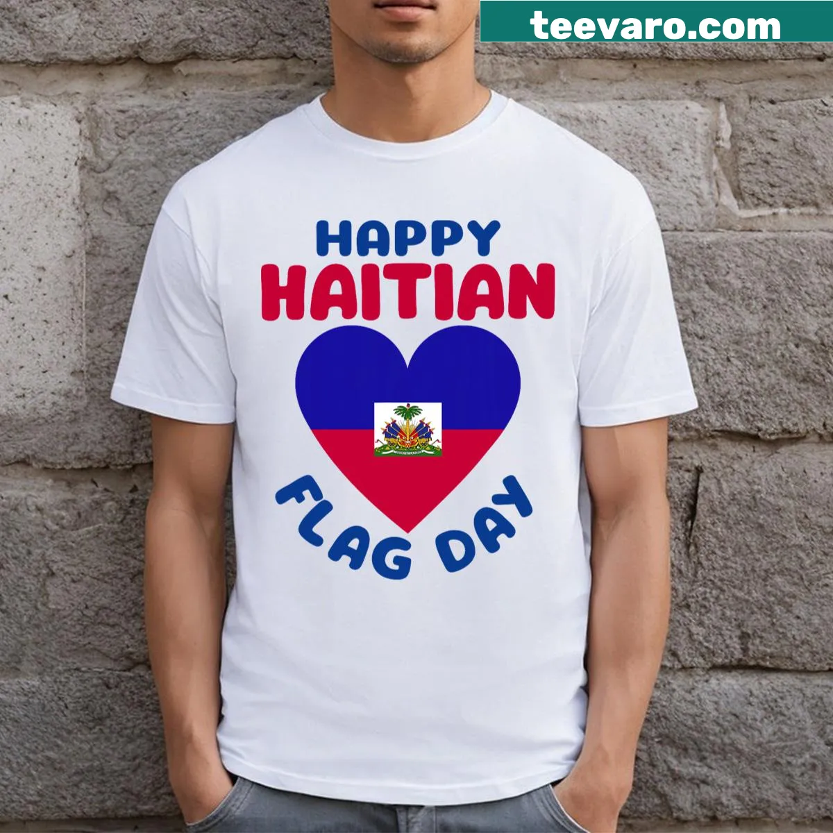 Heart-shaped Haiti flag T-shirt for Haitian Flag Day — on a men's t-shirt