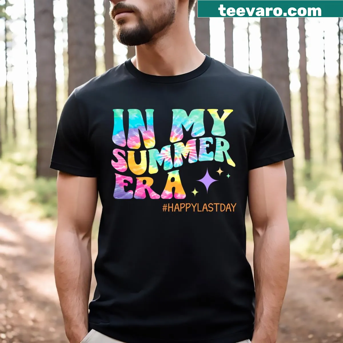 Illustrated last day of school design for teachers with summer theme — on a men's t-shirt