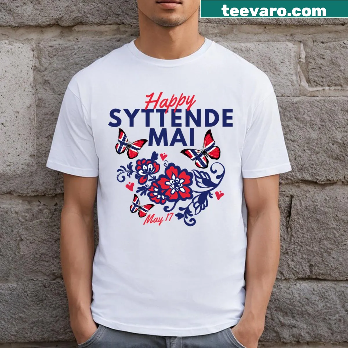 Norwegian flag t-shirt with rosemaling designs for Syttende Mai — on a men's t-shirt
