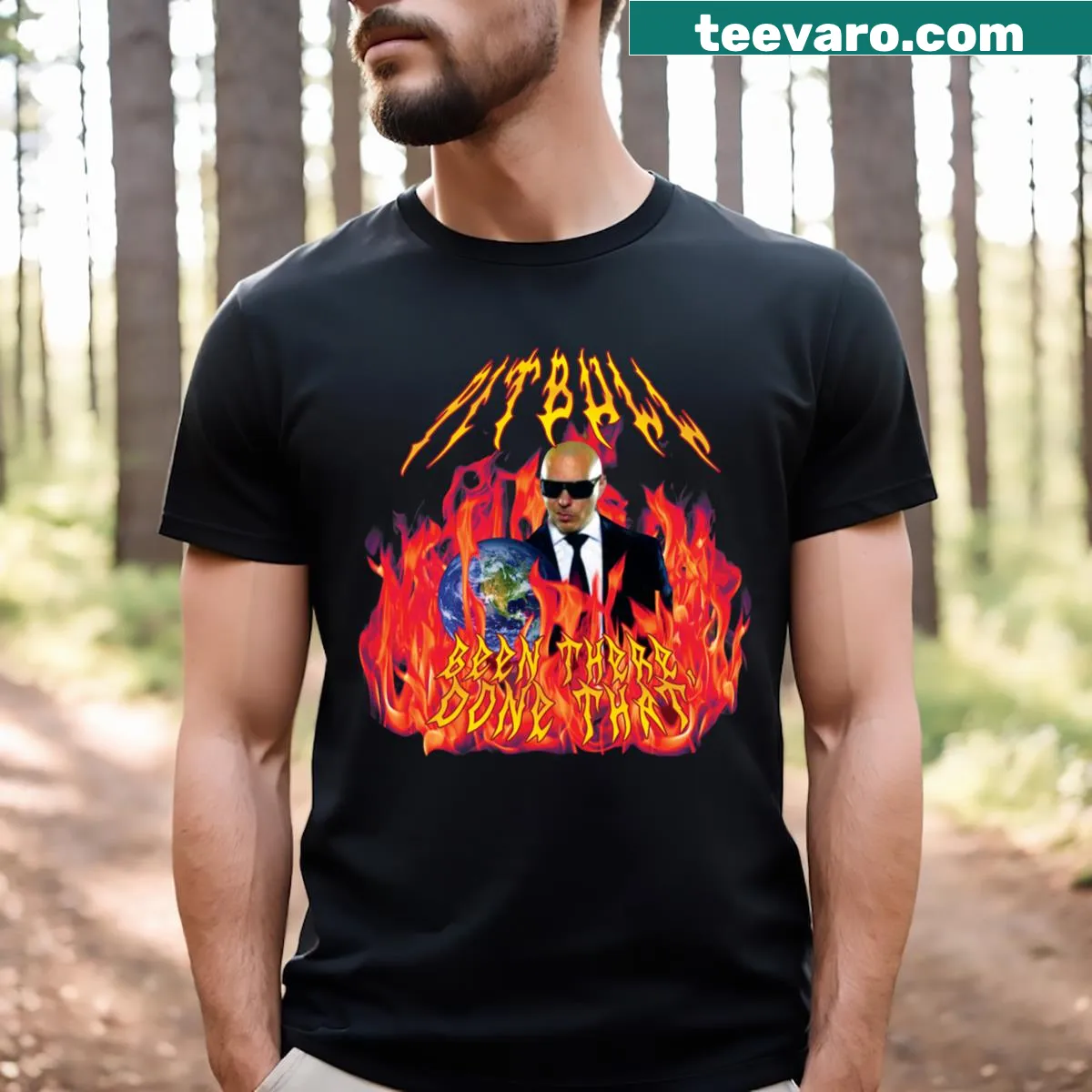 Bold T-shirt featuring a pitbull design with flames for metal fans — on a men's t-shirt