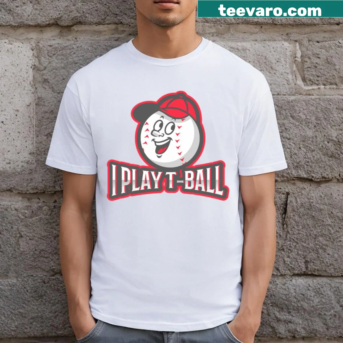 Text 'I Play T Ball' on children's T-shirt — on a men's t-shirt
