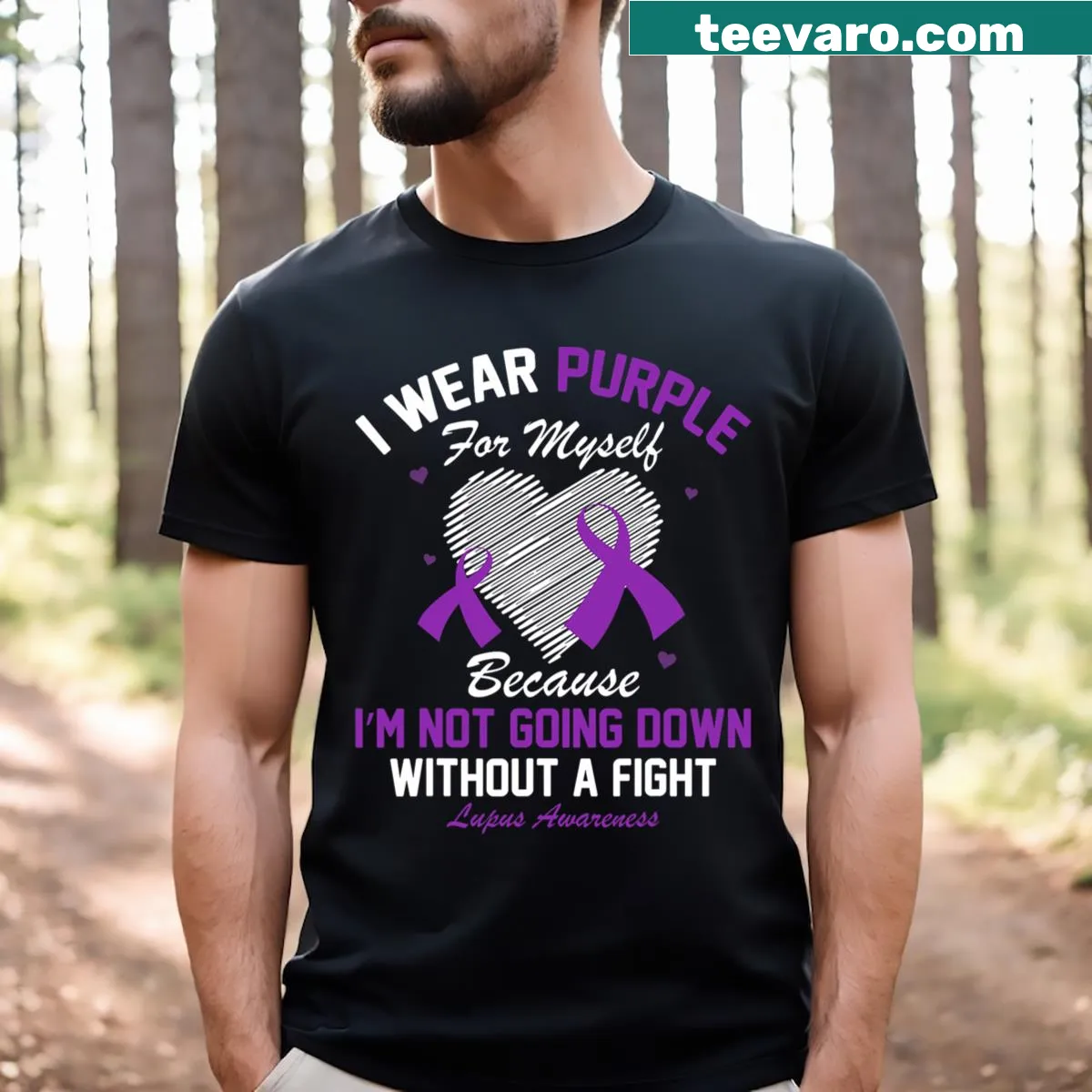 Heart design with purple ribbon on Lupus Awareness T-shirt — on a men's t-shirt