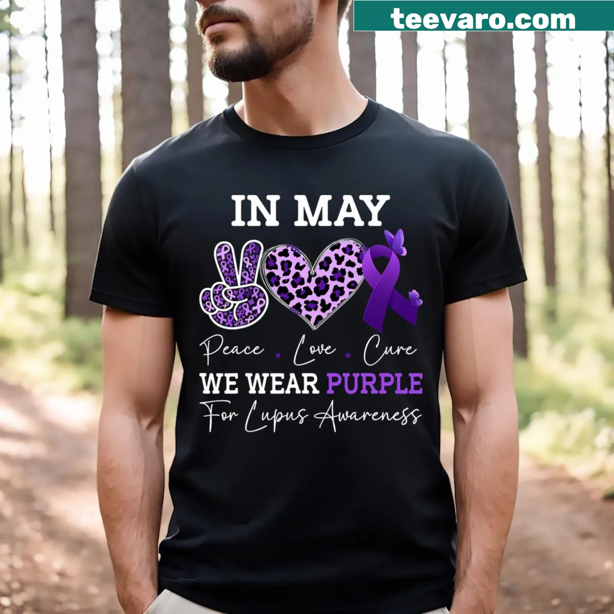 Purple Lupus awareness t-shirt with supportive message — on a men's t-shirt
