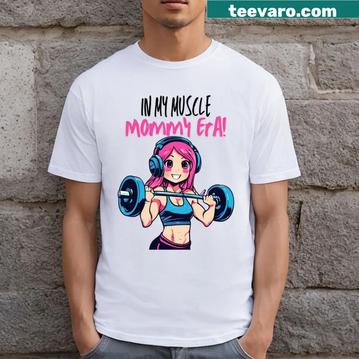 Muscle Mommy t-shirt with empowering message — on a men's t-shirt