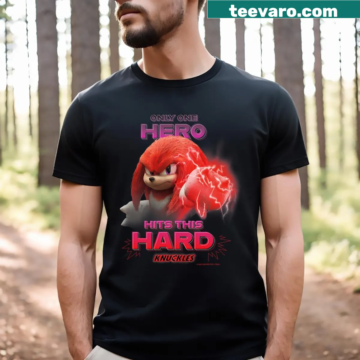 Graphic t-shirt with bold text 'Only One Hero Hits This Hard' — on a men's t-shirt