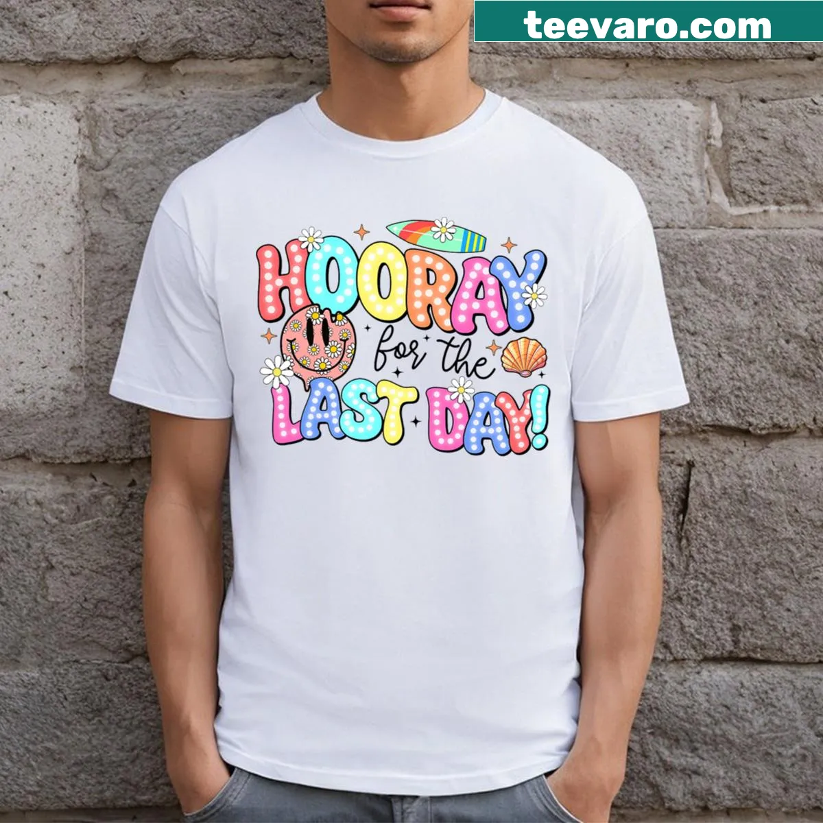 Last Day Of School T-shirt with playful celebratory text — on a men's t-shirt