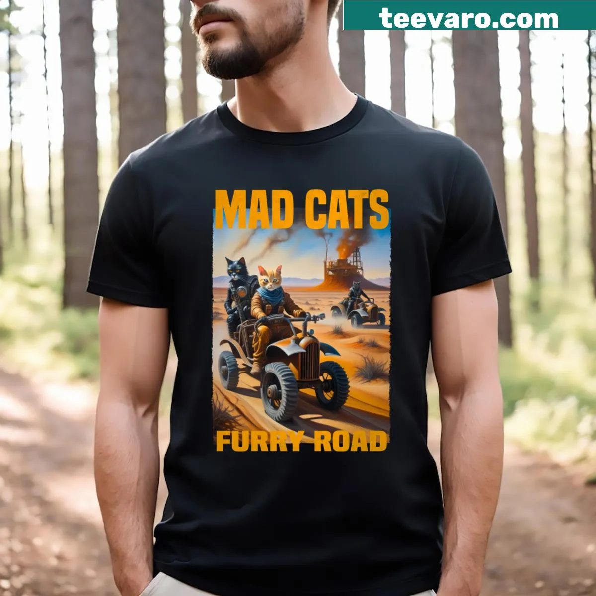 Cartoon graphic T-shirt with funny cats on a road — on a men's t-shirt