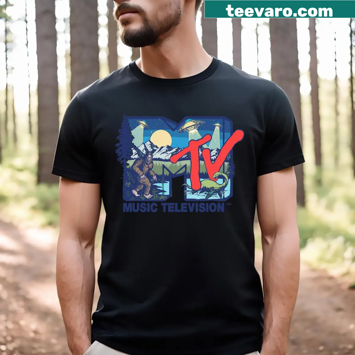 Quirky T-shirt featuring cryptids and MTV logo — on a men's t-shirt