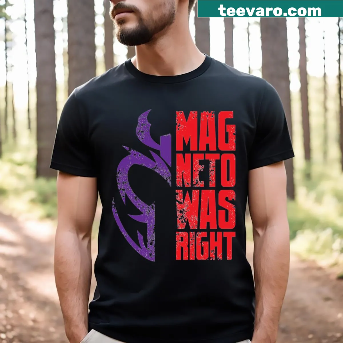 Comic-themed T-shirt with Magneto message — on a men's t-shirt