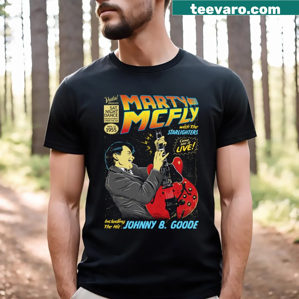 Nostalgic tribute to Marty McFly's Johnny B. Goode performance — on a men's t-shirt