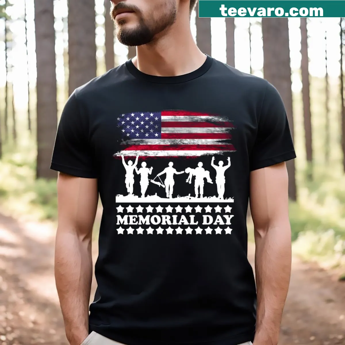 Memorial Day themed T-shirt with American flag illustration — on a men's t-shirt