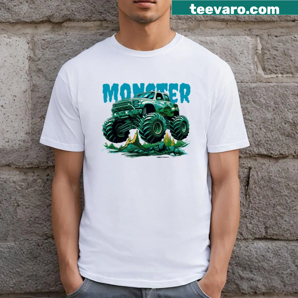 Cartoon monster truck t-shirt design — on a men's t-shirt