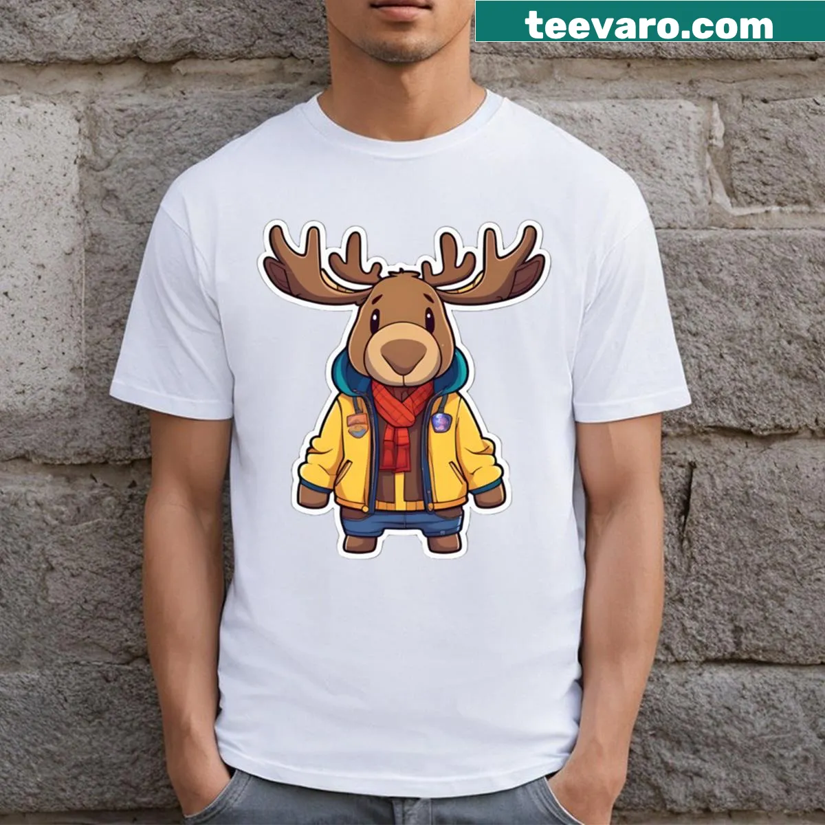 Cartoon moose in a jacket graphic T-shirt — on a men's t-shirt