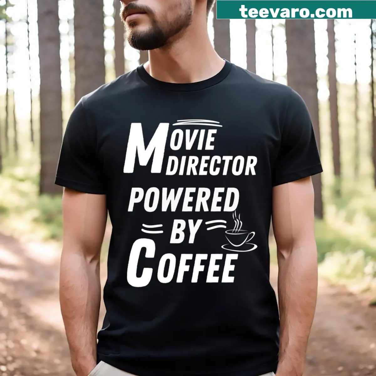 T-shirt with 'Movie Director Powered By Coffee' text — on a men's t-shirt