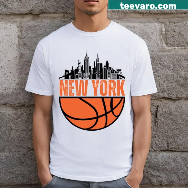 New York skyline with basketball graphics on sports fan t-shirt