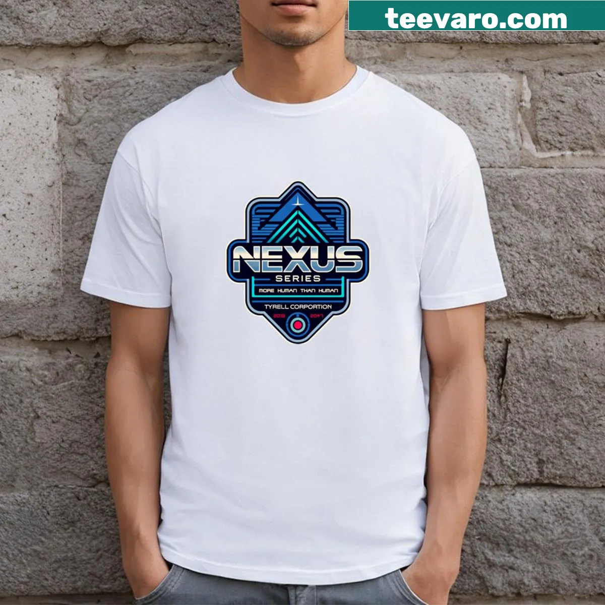 Futuristic Nexus Series replicants graphic on t-shirt — on a men's t-shirt