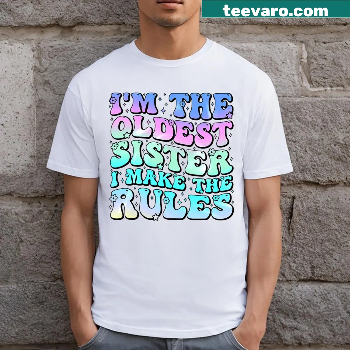 T-shirt for the oldest sister featuring playful typography — on a men's t-shirt