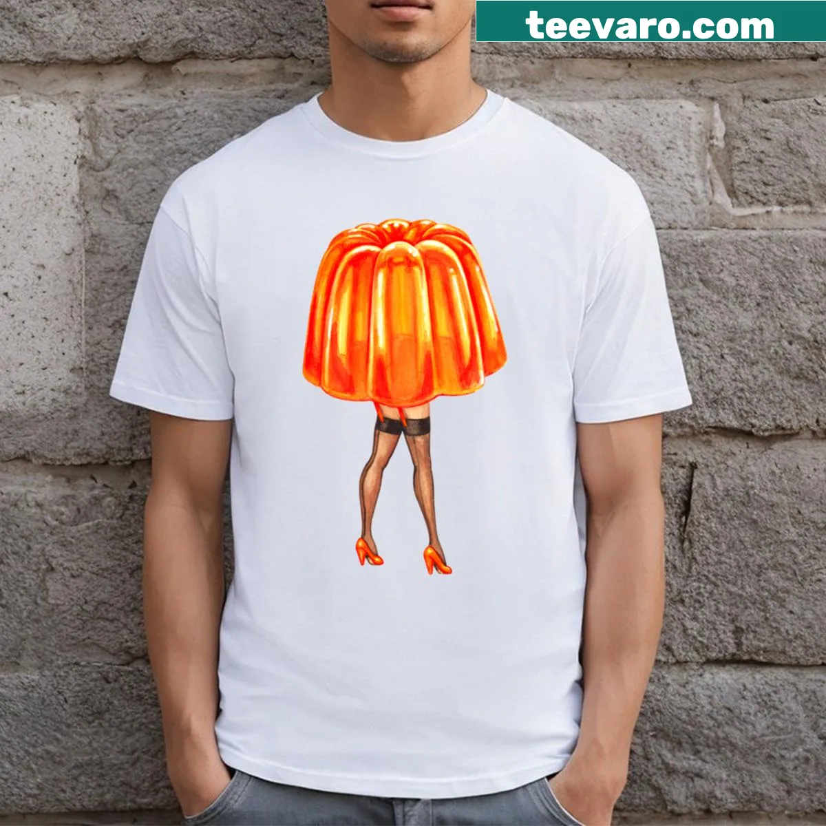 Pin-up style t-shirt featuring a whimsical orange jello design — on a men's t-shirt
