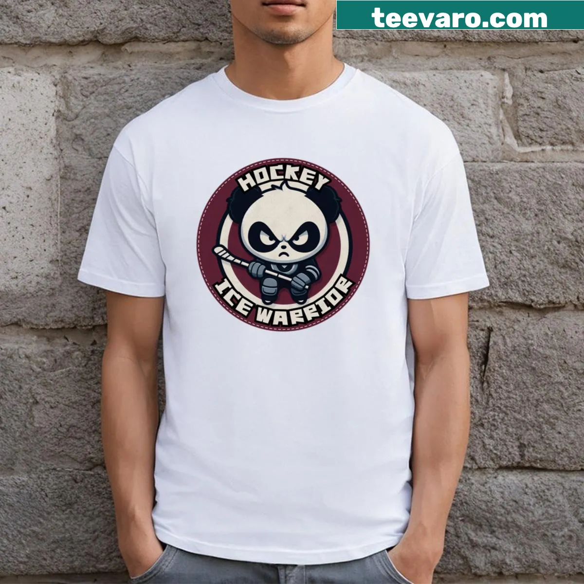 Cute cartoon panda hockey player on t-shirt — on a men's t-shirt