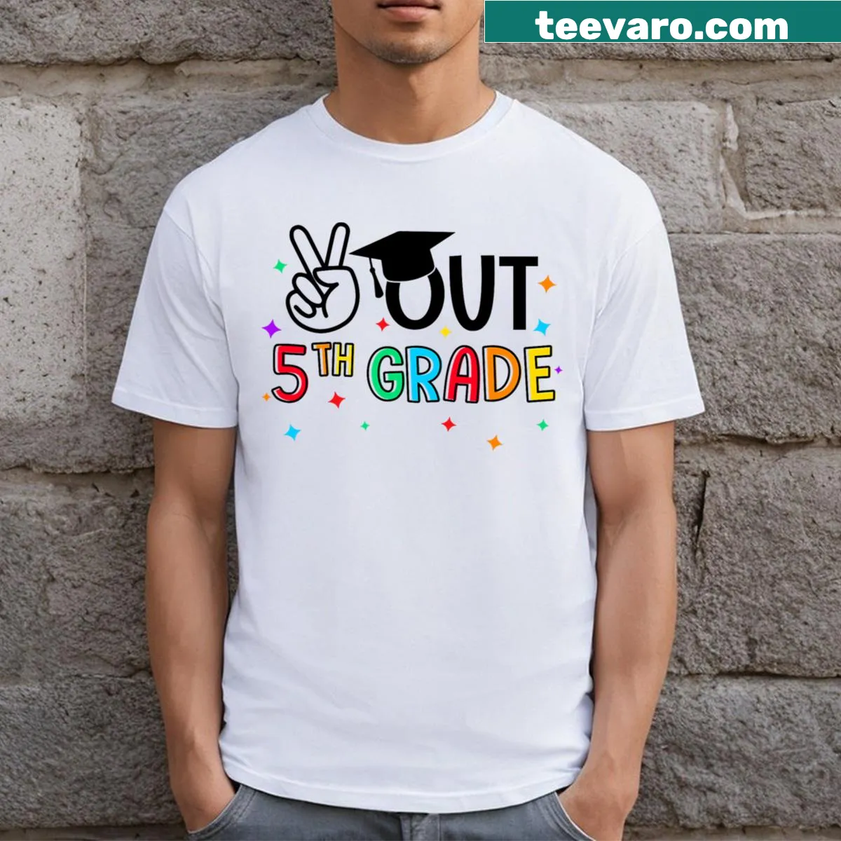 Typography T-shirt with 'Peace Out' for graduating 5th graders — on a men's t-shirt