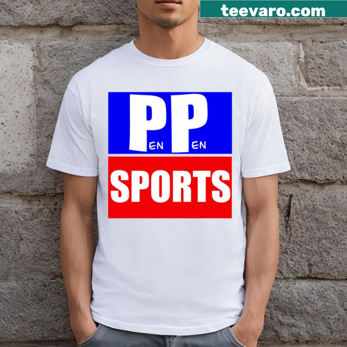 Sport-themed typography on Penpen T-shirt — on a men's t-shirt