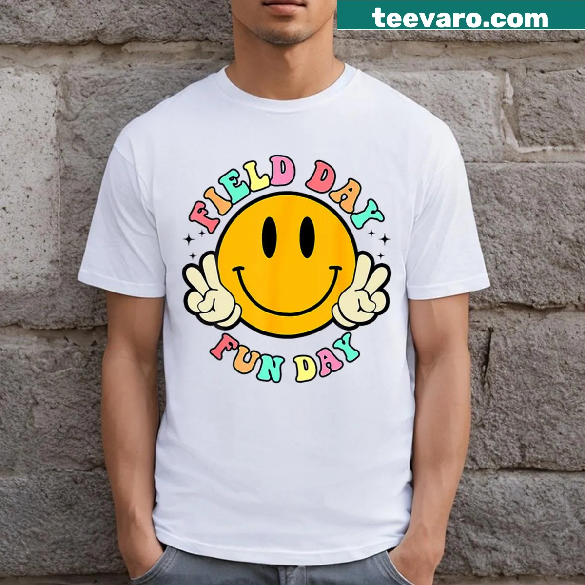 Retro smile face design for teachers featuring a cheerful graphic — on a men's t-shirt