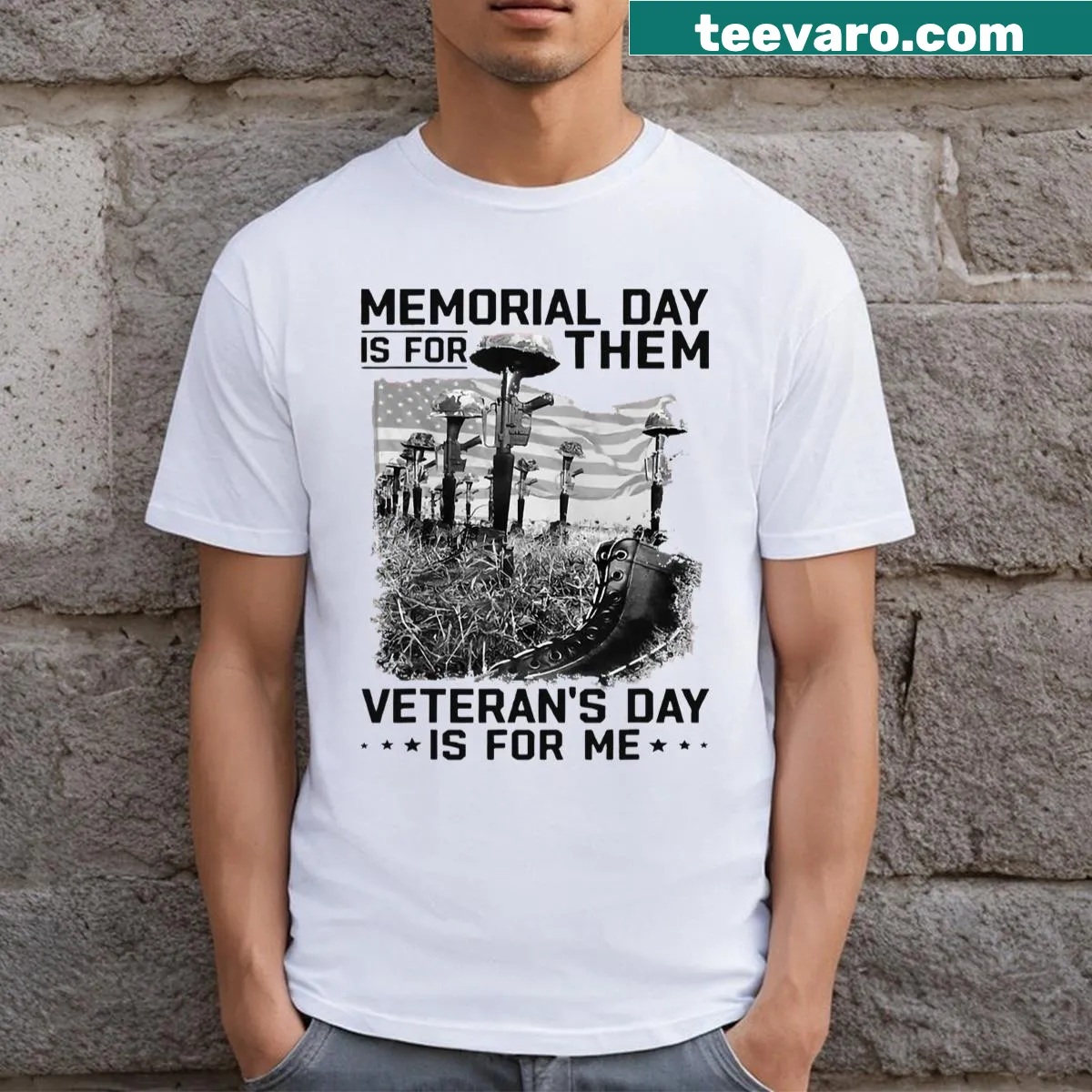 Retro T-shirt honoring Memorial Day and Veteran's Day with bold text — on a men's t-shirt