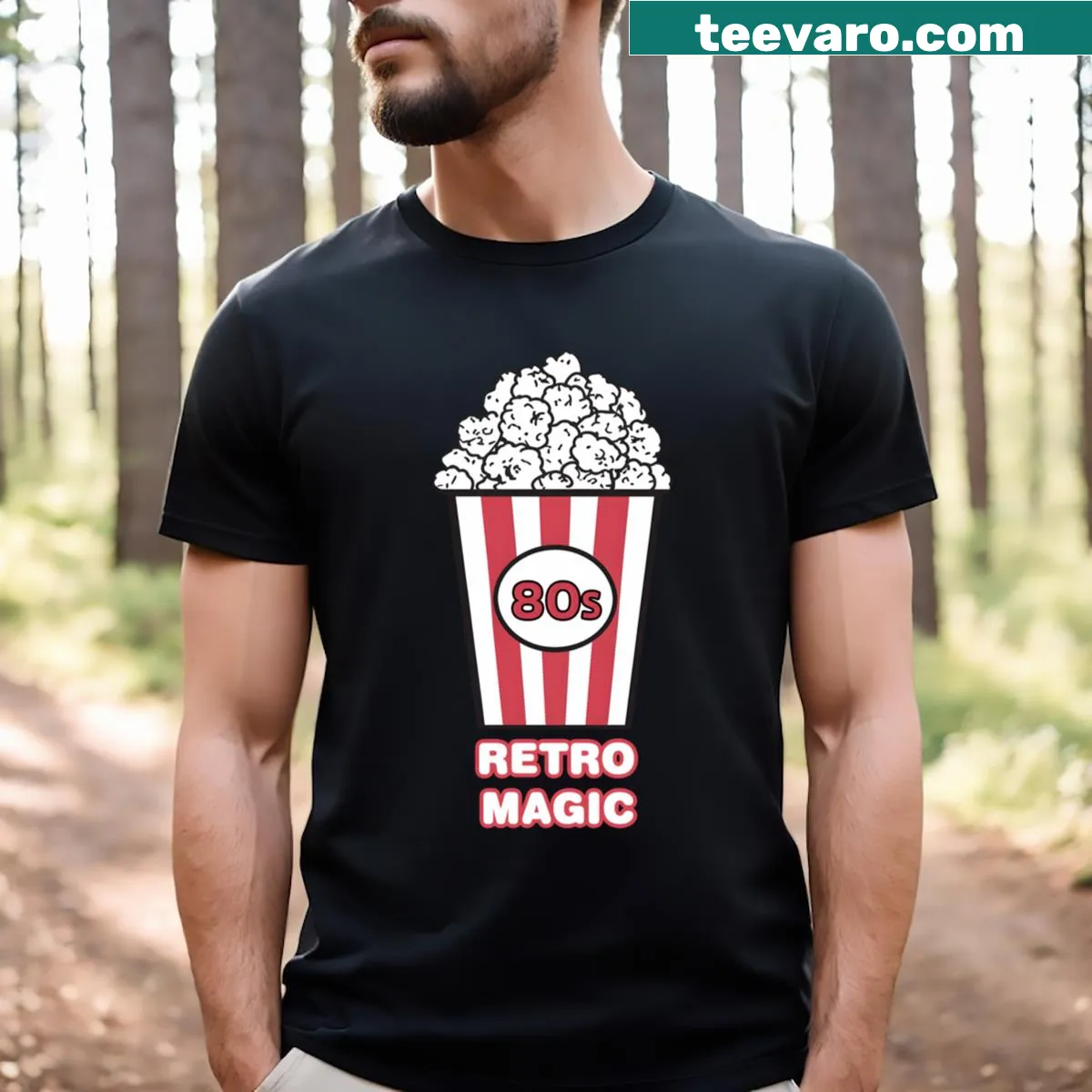 Retro popcorn themed T-shirt with nostalgic graphic — on a men's t-shirt