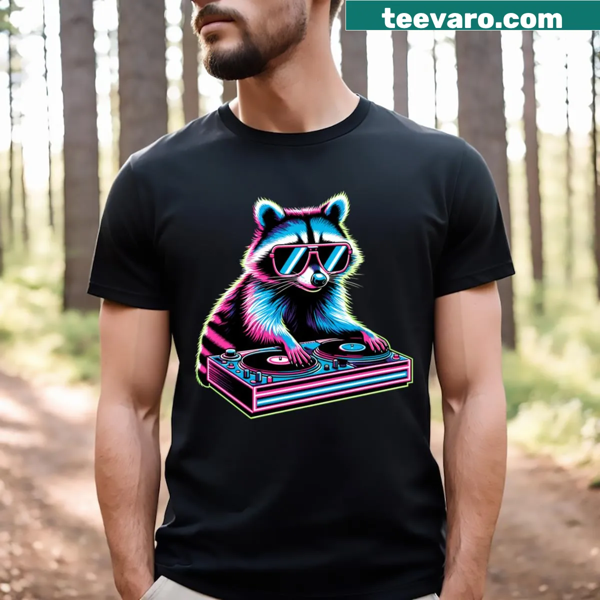 Vintage raccoon DJ t-shirt with cartoon raccoon graphic — on a men's t-shirt