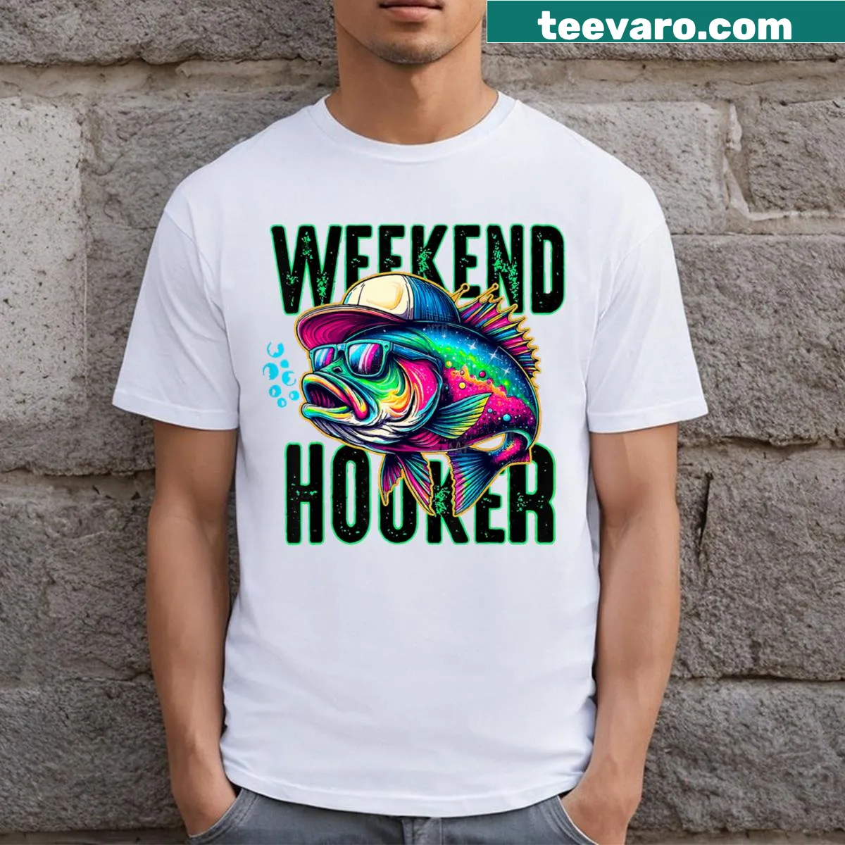 Vintage fishing tee with humorous 'Weekend Hooker' graphic — on a men's t-shirt