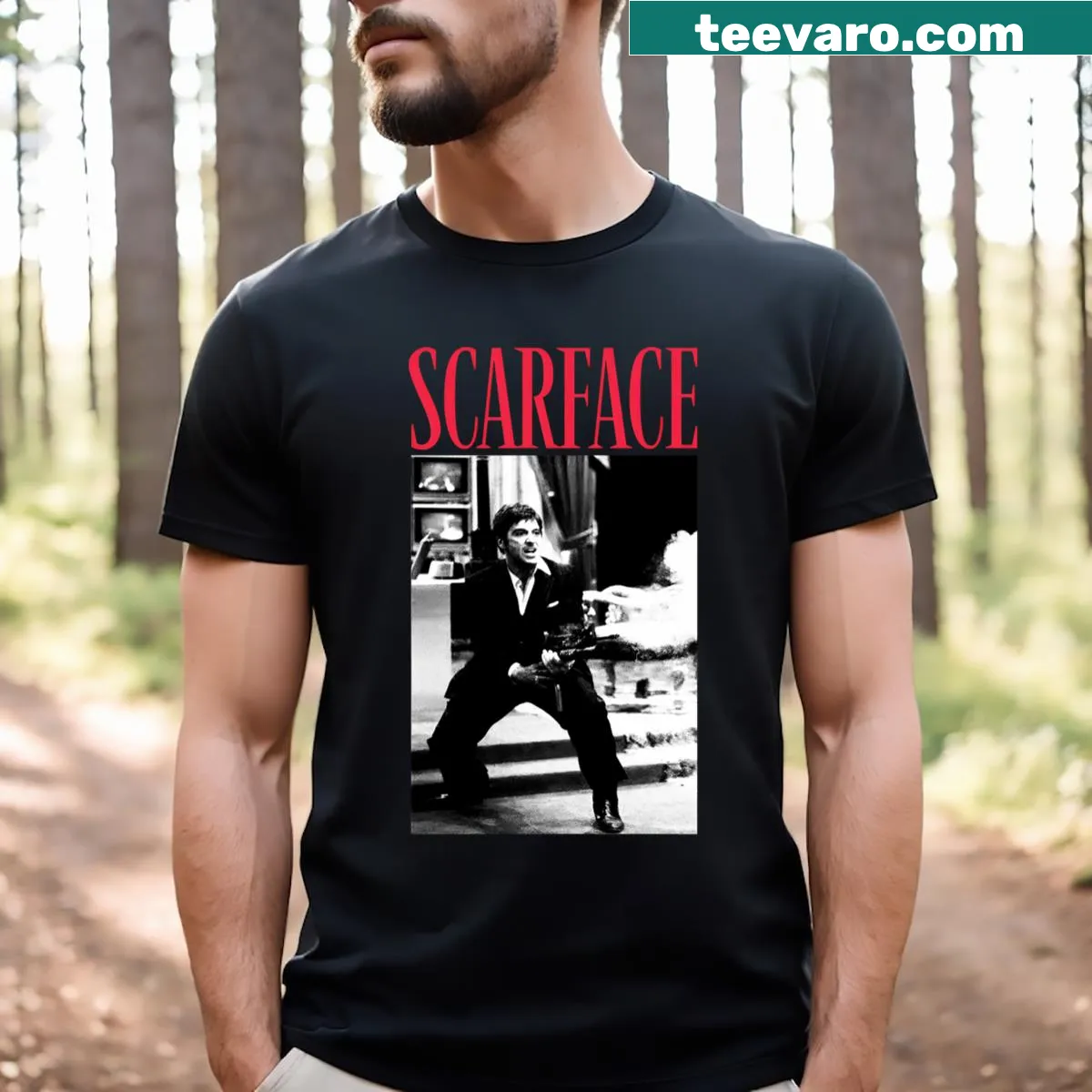 Vintage-style Scarface movie tee featuring iconic character imagery — on a men's t-shirt