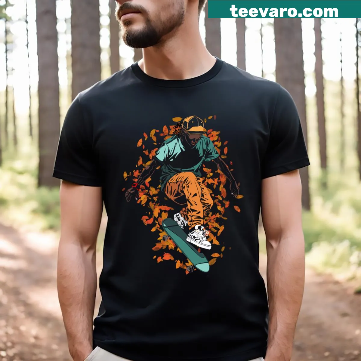 Playful tee featuring a skater in mid-air with skateboard — on a men's t-shirt
