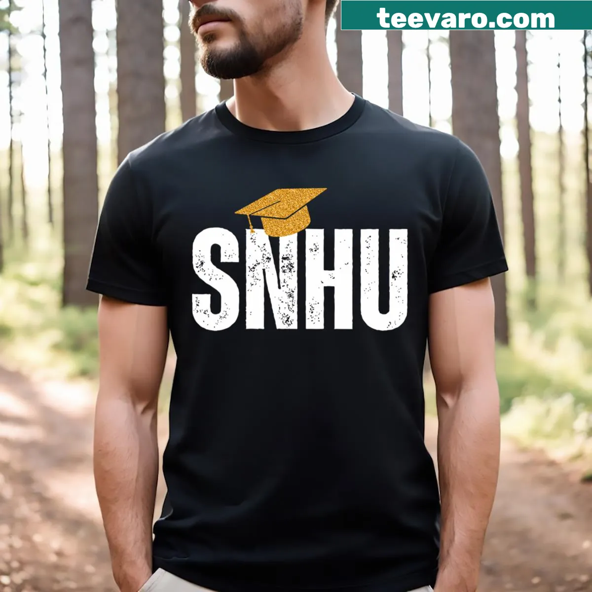 Vintage shirt featuring a graduation hat graphic for SNHU alumni. — on a men's t-shirt