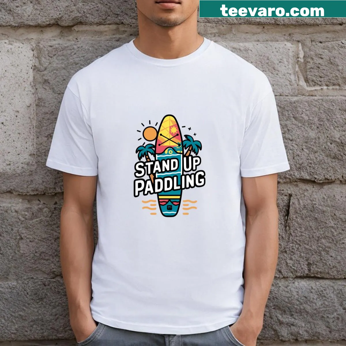 Illustrative T-shirt featuring stand-up paddling design — on a men's t-shirt