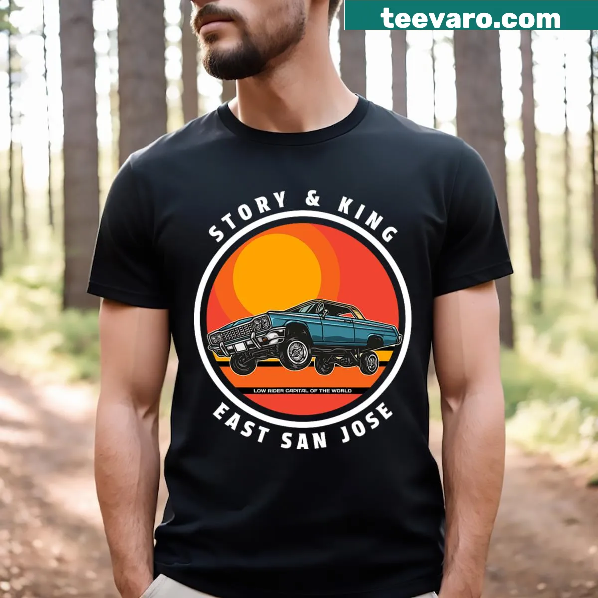 Illustration of low rider culture with text highlighting East San Jose — on a men's t-shirt