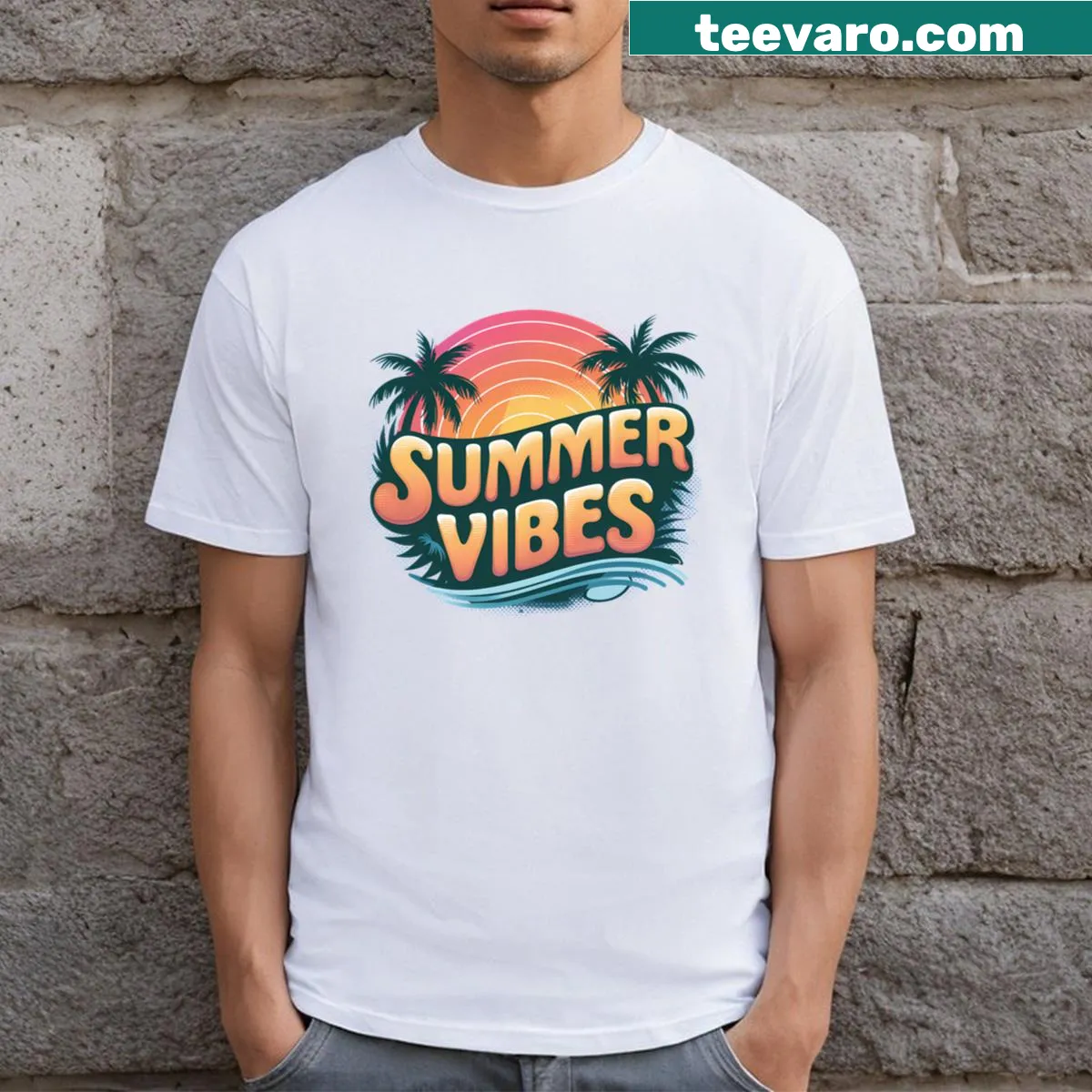 Retro sunset design T-shirt capturing summer vibes — on a men's t-shirt