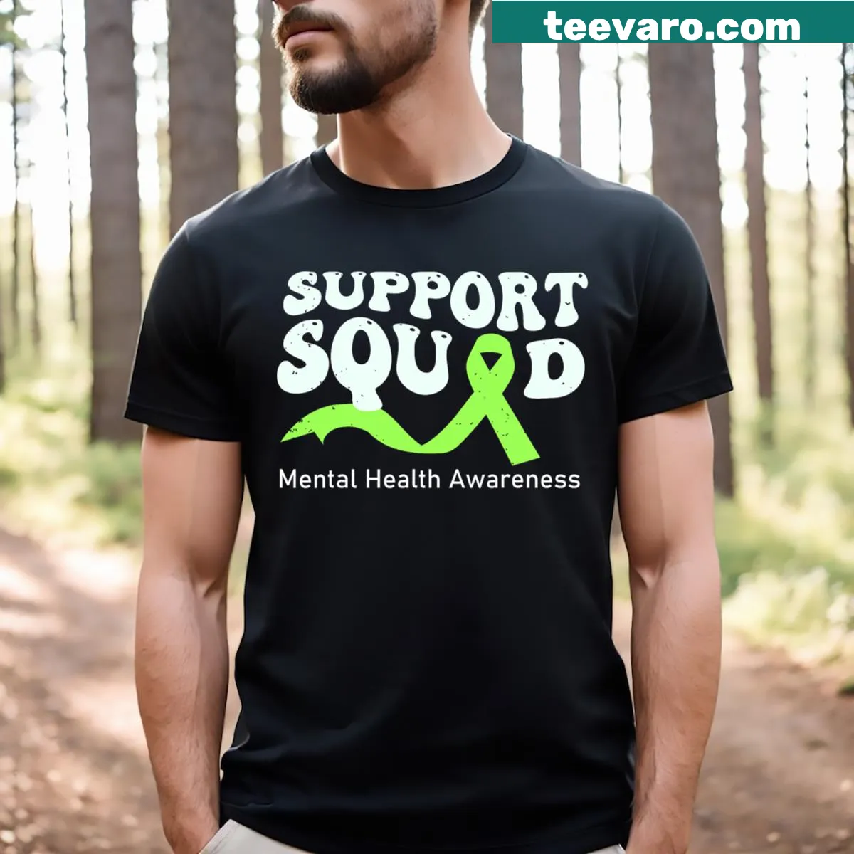 Mental health awareness T-shirt with a lime green ribbon design — on a men's t-shirt