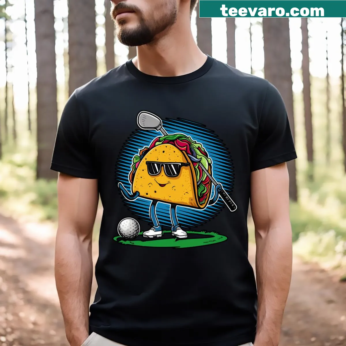 Cartoon taco golfer graphic on T-shirt — on a men's t-shirt