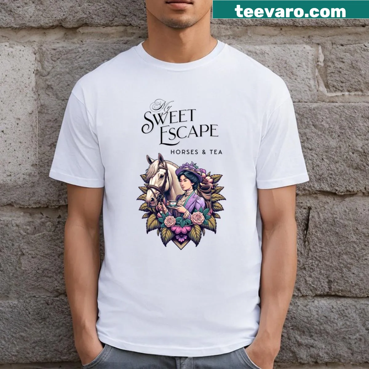Equestrian T-shirt with a queen and horse graphic — on a men's t-shirt