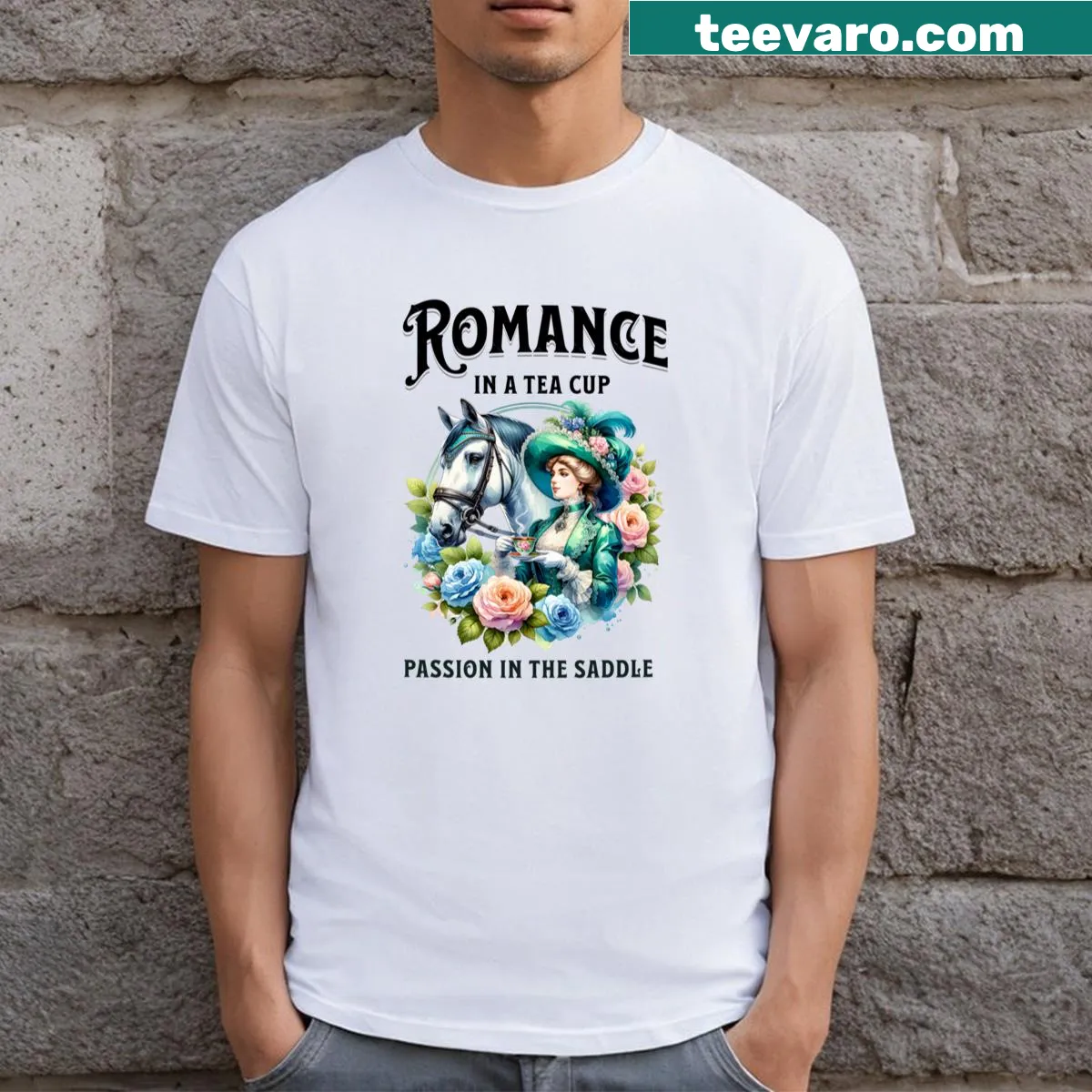 Illustrative equestrian t-shirt with inspiring horse graphic — on a men's t-shirt